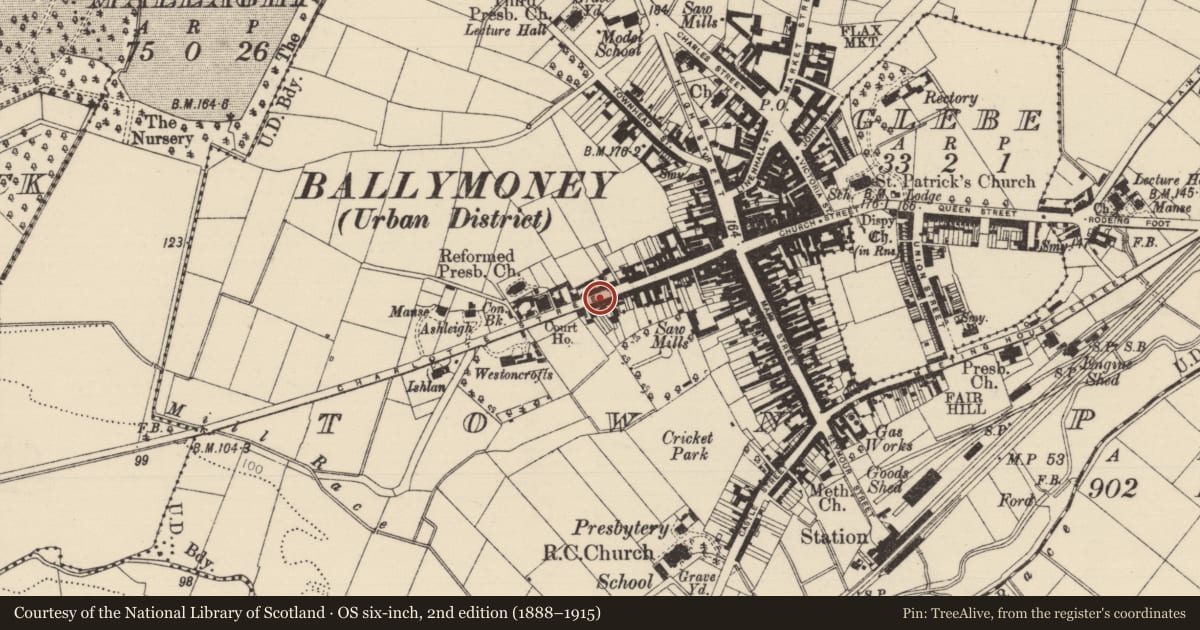 Ordnance Survey six-inch map, 2nd edition (1888–1915) covering the location of 56 Charlotte St., Causeway Coast and Glens, with a pin at the register's coordinates