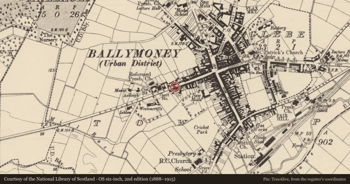 Ordnance Survey six-inch map, 2nd edition (1888–1915) covering the location of 58 Charlotte St., Causeway Coast and Glens, with a pin at the register's coordinates