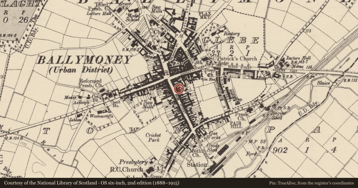 Ordnance Survey six-inch map, 2nd edition (1888–1915) covering the location of Route Sports Store, Causeway Coast and Glens, with a pin at the register's coordinates