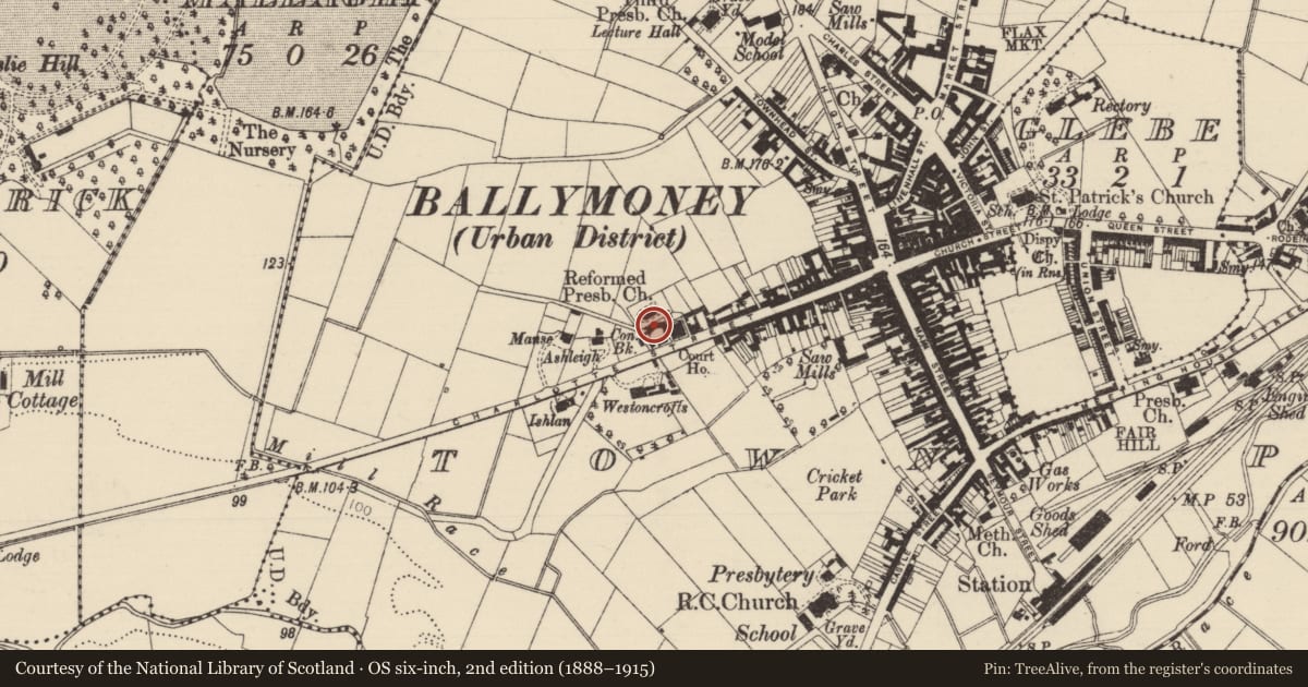 Ordnance Survey six-inch map, 2nd edition (1888–1915) covering the location of Former Police Station and Jail, Causeway Coast and Glens, with a pin at the register's coordinates