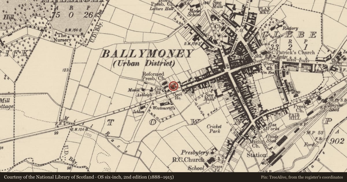 Ordnance Survey six-inch map, 2nd edition (1888–1915) covering the location of Court House, Townparks, Causeway Coast and Glens, with a pin at the register's coordinates