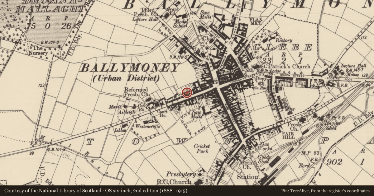 Ordnance Survey six-inch map, 2nd edition (1888–1915) covering the location of 35 Charlotte St., Causeway Coast and Glens, with a pin at the register's coordinates