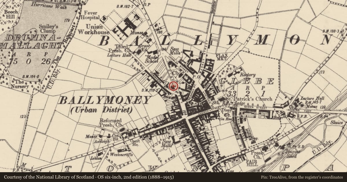 Ordnance Survey six-inch map, 2nd edition (1888–1915) covering the location of Town Hall, Causeway Coast and Glens, with a pin at the register's coordinates