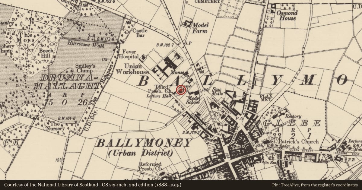 Ordnance Survey six-inch map, 2nd edition (1888–1915) covering the location of St. James' Presbyterian Church, Causeway Coast and Glens, with a pin at the register's coordinates
