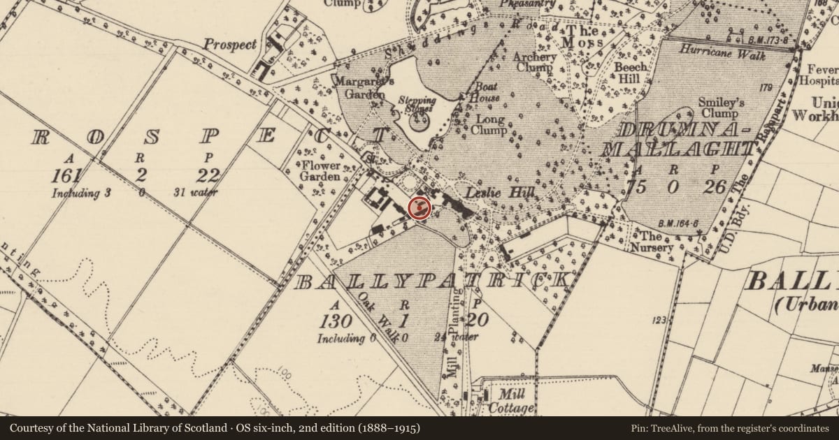Ordnance Survey six-inch map, 2nd edition (1888–1915) covering the location of Pump, Ballypatrick, Causeway Coast and Glens, with a pin at the register's coordinates