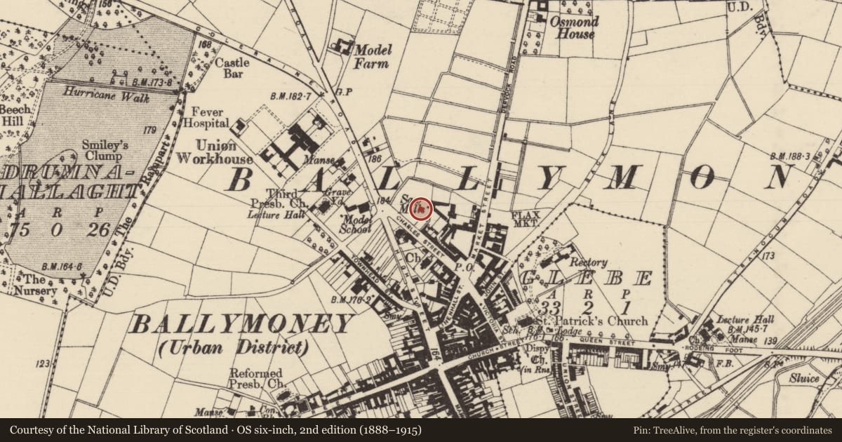 Ordnance Survey six-inch map, 2nd edition (1888–1915) covering the location of Music Centre, aka Ballymoney Performing Arts Centre, 23 Charles Street, Ballymoney, BT53 6DX, Co Antrim, Townparks (Ballymoney), Causeway Coast and Glens, with a pin at the register's coordinates