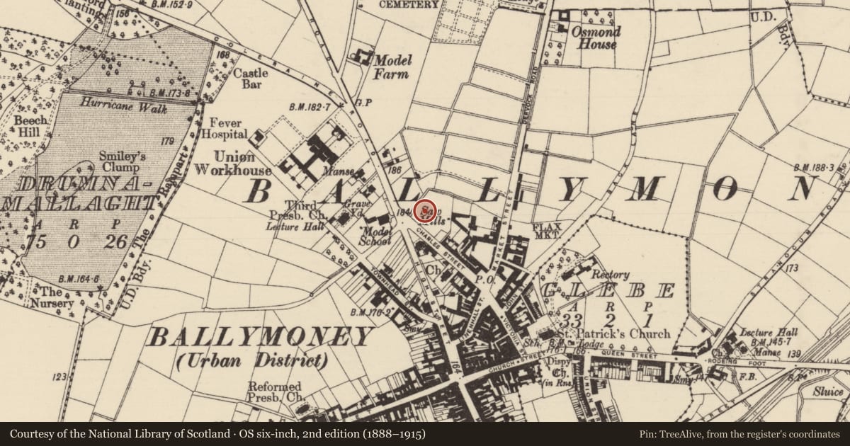 Ordnance Survey six-inch map, 2nd edition (1888–1915) covering the location of 'Aborfield', 25 Charles Street, Ballymoney, Co. Antrim, BT53 6DX, Townparks (Ballymoney), Causeway Coast and Glens, with a pin at the register's coordinates