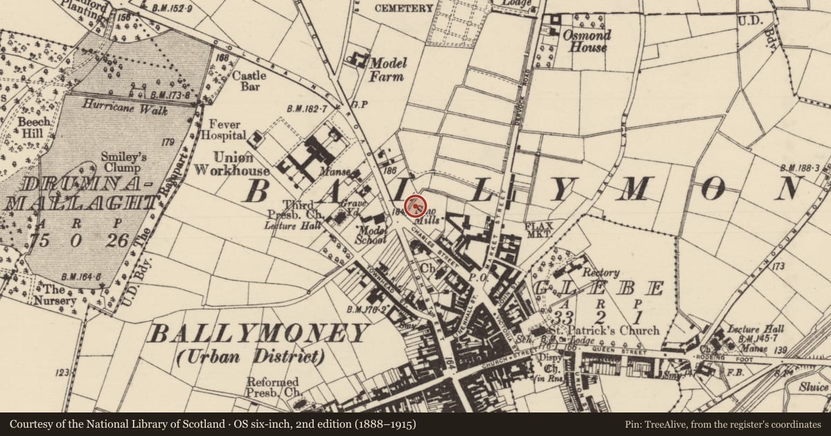 Ordnance Survey six-inch map, 2nd edition (1888–1915) covering the location of 'Dunvaron', 27 Charles Street, Ballymoney, Co. Antrim, BT53 6DX, Townparks (Ballymoney), Causeway Coast and Glens, with a pin at the register's coordinates