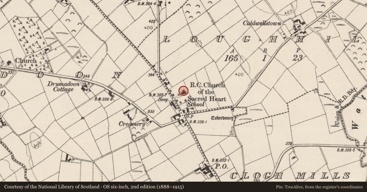 Ordnance Survey six-inch map, 2nd edition (1888–1915) covering the location of R C Church Of The Sacred Heart, Causeway Coast and Glens, with a pin at the register's coordinates