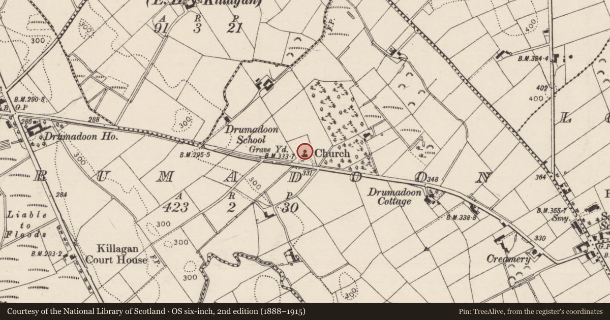 Ordnance Survey six-inch map, 2nd edition (1888–1915) covering the location of Killagan Parish Church, Causeway Coast and Glens, with a pin at the register's coordinates