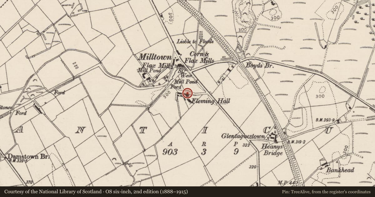 Ordnance Survey six-inch map, 2nd edition (1888–1915) covering the location of Fleming Hall, Causeway Coast and Glens, with a pin at the register's coordinates