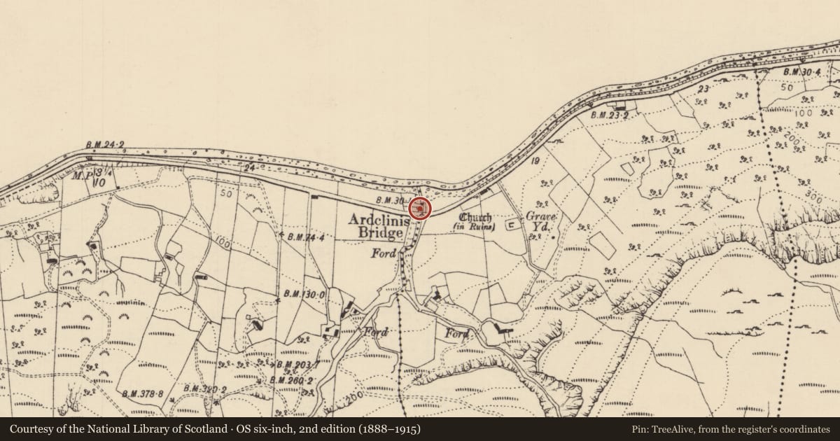 Ordnance Survey six-inch map, 2nd edition (1888–1915) covering the location of Ardclinis Bridge, Causeway Coast and Glens, with a pin at the register's coordinates