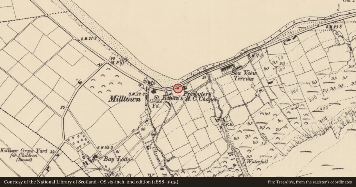 Ordnance Survey six-inch map, 2nd edition (1888–1915) covering the location of Church Of St. Patrick And St. Brigid, Carrivemurphy, Causeway Coast and Glens, with a pin at the register's coordinates