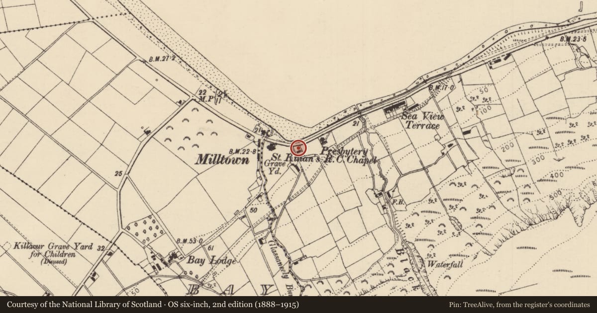 Ordnance Survey six-inch map, 2nd edition (1888–1915) covering the location of 186 Garron Road, Causeway Coast and Glens, with a pin at the register's coordinates