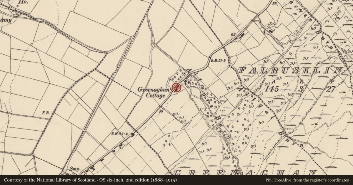 Ordnance Survey six-inch map, 2nd edition (1888–1915) covering the location of Greenaghan Cottage, Causeway Coast and Glens, with a pin at the register's coordinates