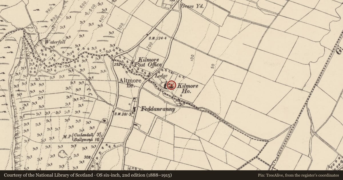 Ordnance Survey six-inch map, 2nd edition (1888–1915) covering the location of Kilmore House, Causeway Coast and Glens, with a pin at the register's coordinates