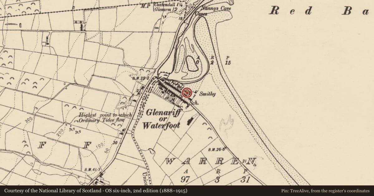 Ordnance Survey six-inch map, 2nd edition (1888–1915) covering the location of 28-46 Main Street (N), Causeway Coast and Glens, with a pin at the register's coordinates