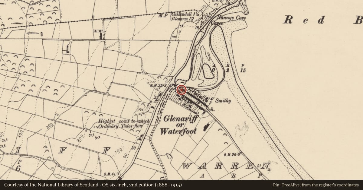 Ordnance Survey six-inch map, 2nd edition (1888–1915) covering the location of 1-7 Main Street (S), Causeway Coast and Glens, with a pin at the register's coordinates