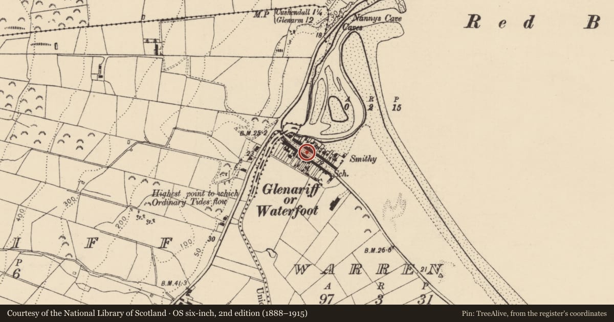 Ordnance Survey six-inch map, 2nd edition (1888–1915) covering the location of 9-21 Main Street (S), Causeway Coast and Glens, with a pin at the register's coordinates