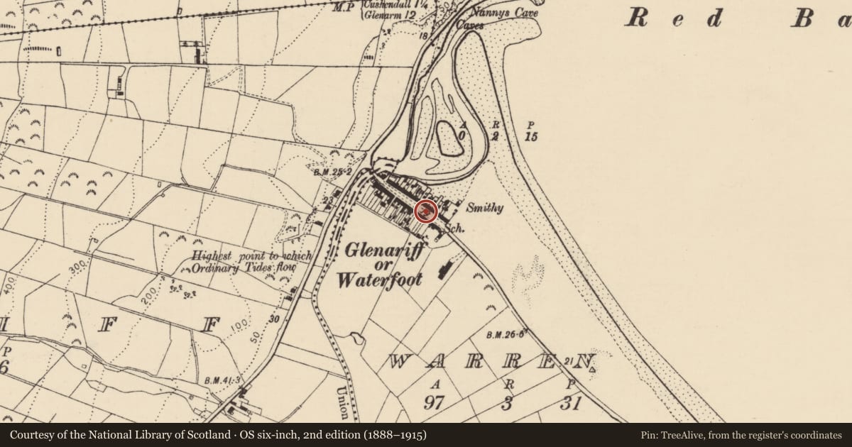 Ordnance Survey six-inch map, 2nd edition (1888–1915) covering the location of 23-47 Main Street (S), Causeway Coast and Glens, with a pin at the register's coordinates