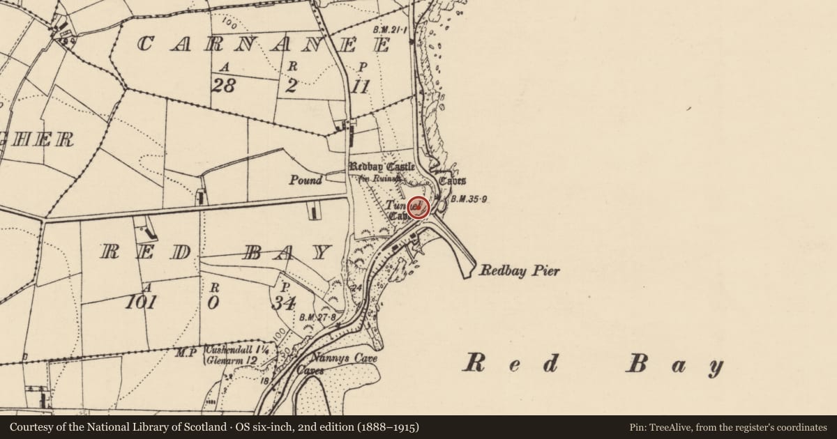 Ordnance Survey six-inch map, 2nd edition (1888–1915) covering the location of Red Arch, Red Bay, Causeway Coast and Glens, with a pin at the register's coordinates
