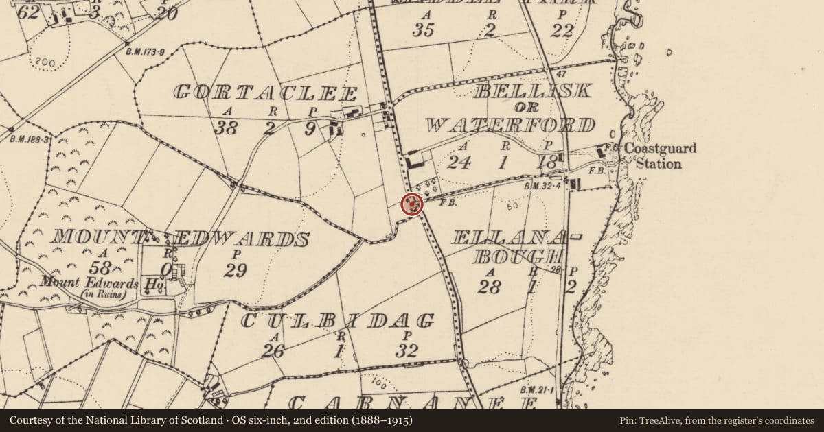 Ordnance Survey six-inch map, 2nd edition (1888–1915) covering the location of Layd Schoolhouse, Culbidag, Causeway Coast and Glens, with a pin at the register's coordinates