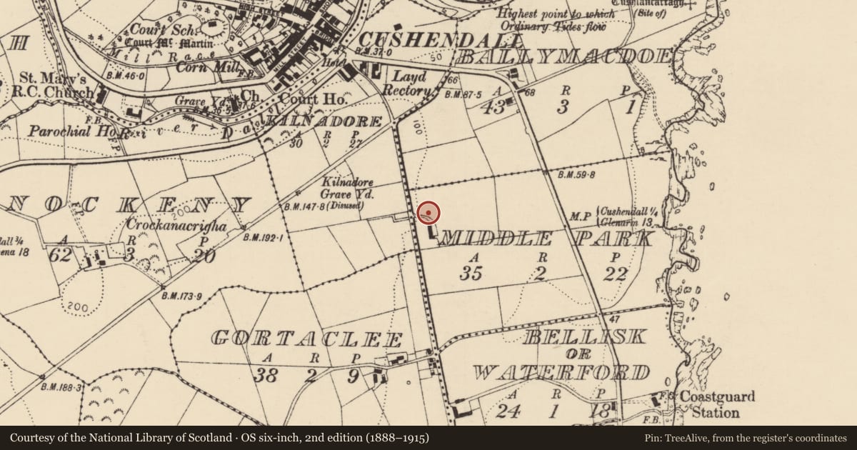 Ordnance Survey six-inch map, 2nd edition (1888–1915) covering the location of 26 Middlepark Road, Causeway Coast and Glens, with a pin at the register's coordinates