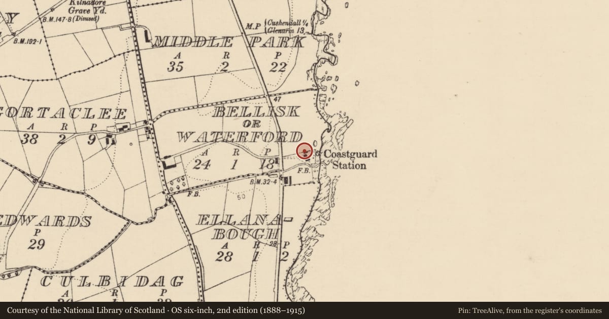Ordnance Survey six-inch map, 2nd edition (1888–1915) covering the location of 70 Coast Road, Bellisk or Waterford, Causeway Coast and Glens, with a pin at the register's coordinates