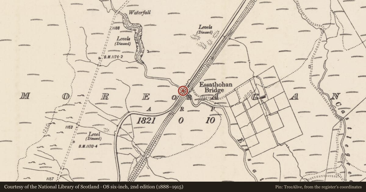 Ordnance Survey six-inch map, 2nd edition (1888–1915) covering the location of Essathohan Bridge, Causeway Coast and Glens, with a pin at the register's coordinates