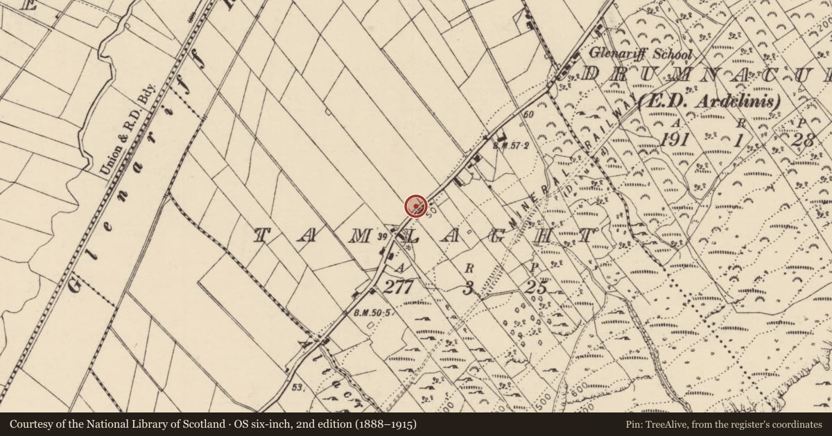 Ordnance Survey six-inch map, 2nd edition (1888–1915) covering the location of 52 Glen Road, Tamlaght, Causeway Coast and Glens, with a pin at the register's coordinates