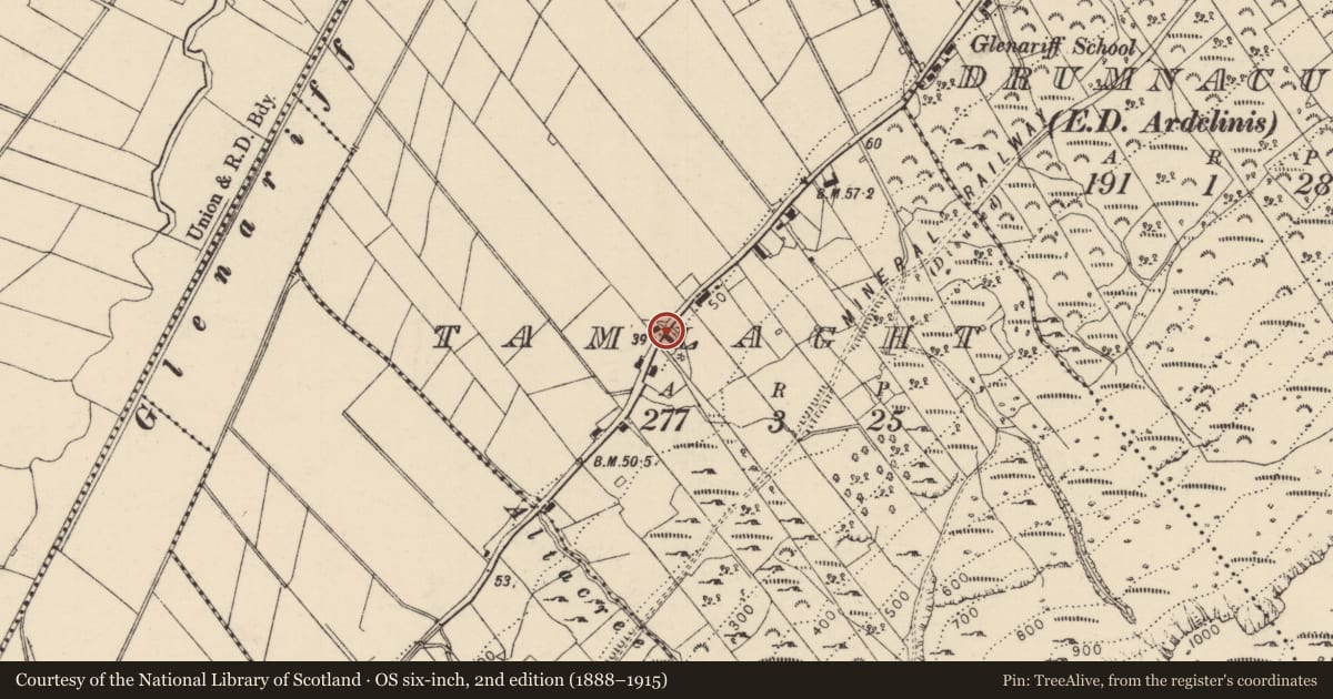Ordnance Survey six-inch map, 2nd edition (1888–1915) covering the location of 54 Glen Road, Tamlaght, Causeway Coast and Glens, with a pin at the register's coordinates