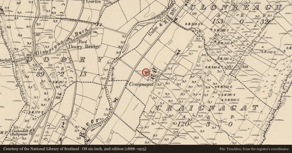Ordnance Survey six-inch map, 2nd edition (1888–1915) covering the location of Kiln, Craignagat, Causeway Coast and Glens, with a pin at the register's coordinates