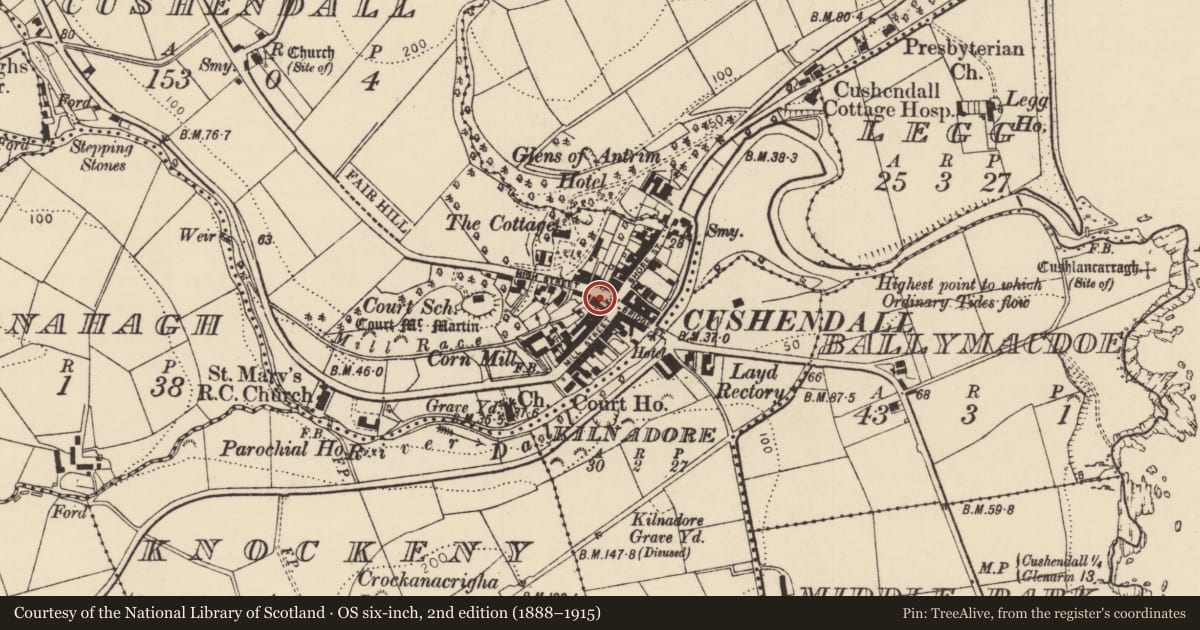 Ordnance Survey six-inch map, 2nd edition (1888–1915) covering the location of 3 Mill Street, Cushendall, Causeway Coast and Glens, with a pin at the register's coordinates