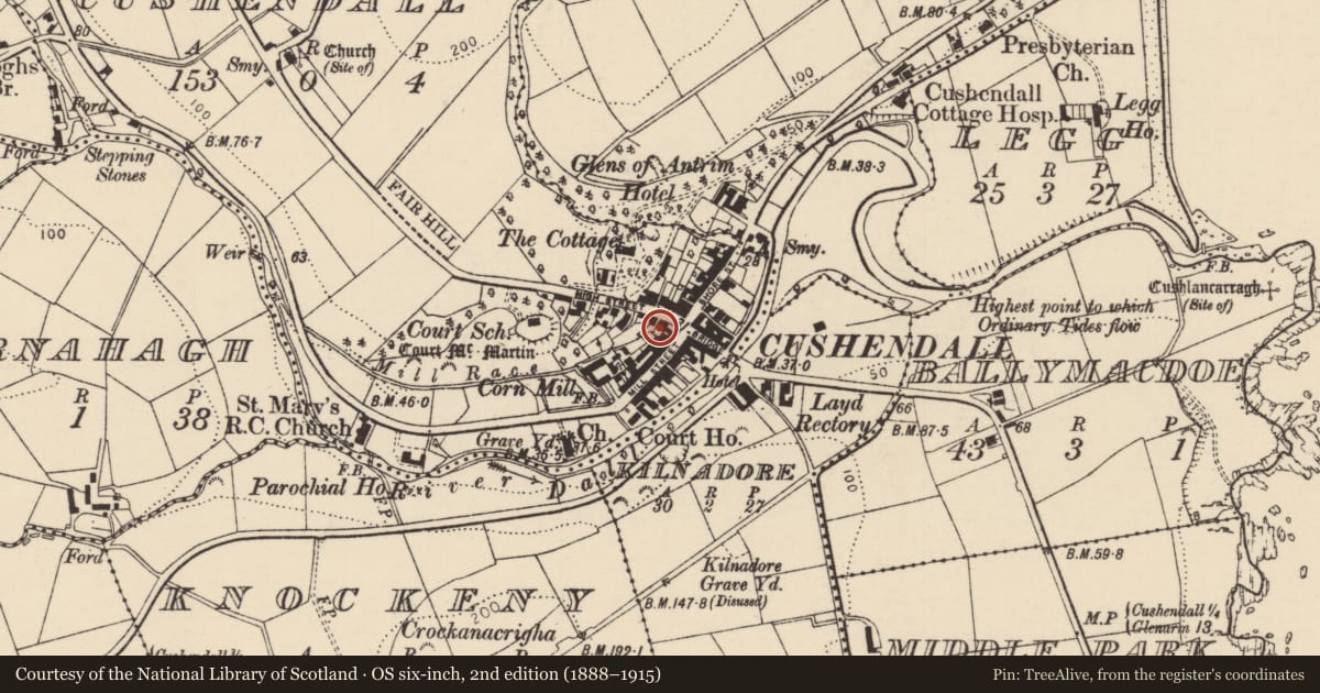 Ordnance Survey six-inch map, 2nd edition (1888–1915) covering the location of Cake Shop, Causeway Coast and Glens, with a pin at the register's coordinates