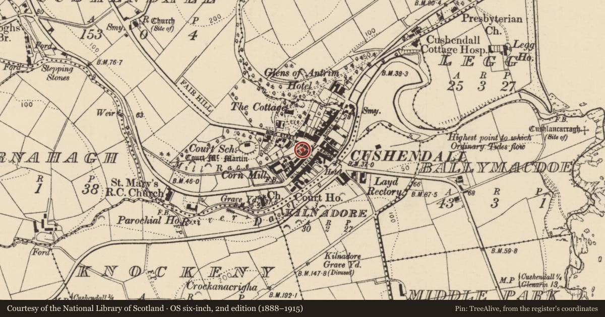Ordnance Survey six-inch map, 2nd edition (1888–1915) covering the location of 7B Mill St., Causeway Coast and Glens, with a pin at the register's coordinates