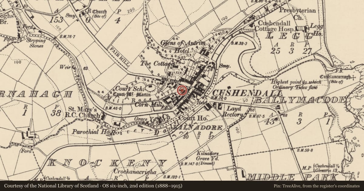 Ordnance Survey six-inch map, 2nd edition (1888–1915) covering the location of 11 Mill St., Cushendall, Causeway Coast and Glens, with a pin at the register's coordinates