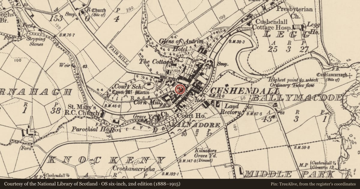 Ordnance Survey six-inch map, 2nd edition (1888–1915) covering the location of 13 Mill St., Cushendall, Causeway Coast and Glens, with a pin at the register's coordinates