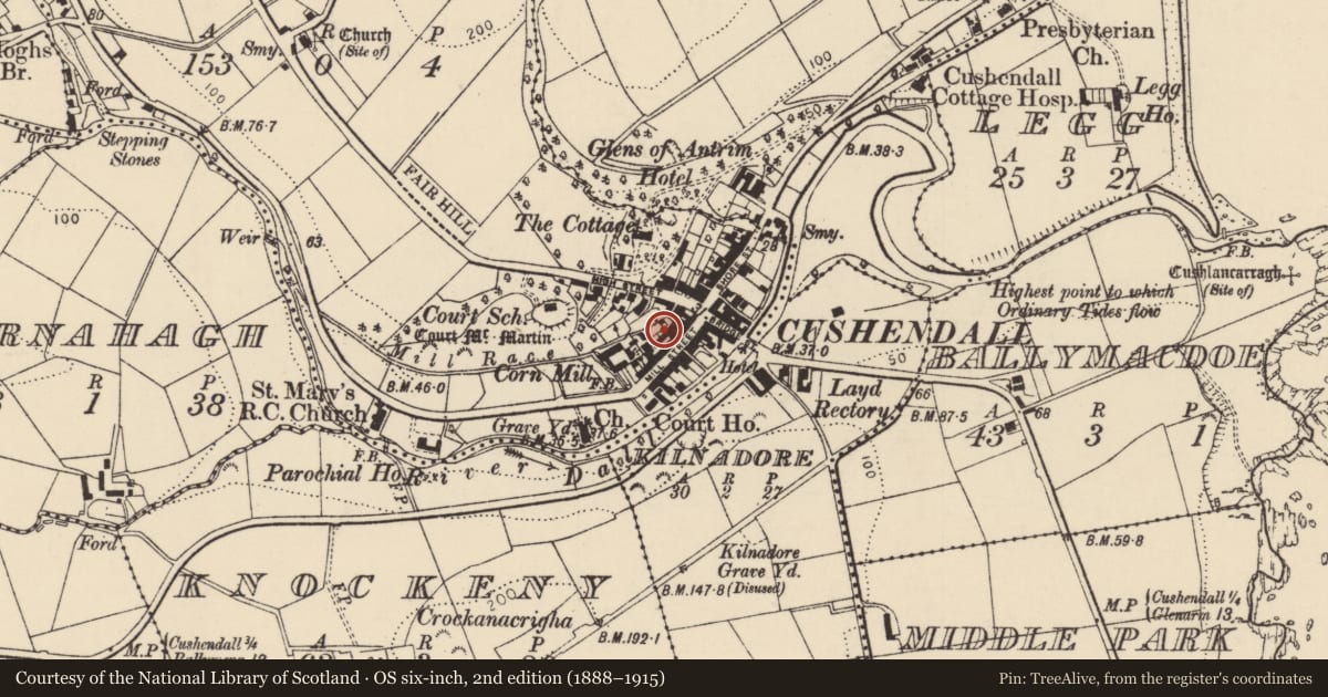 Ordnance Survey six-inch map, 2nd edition (1888–1915) covering the location of 15 Mill St., Cushendall, Causeway Coast and Glens, with a pin at the register's coordinates