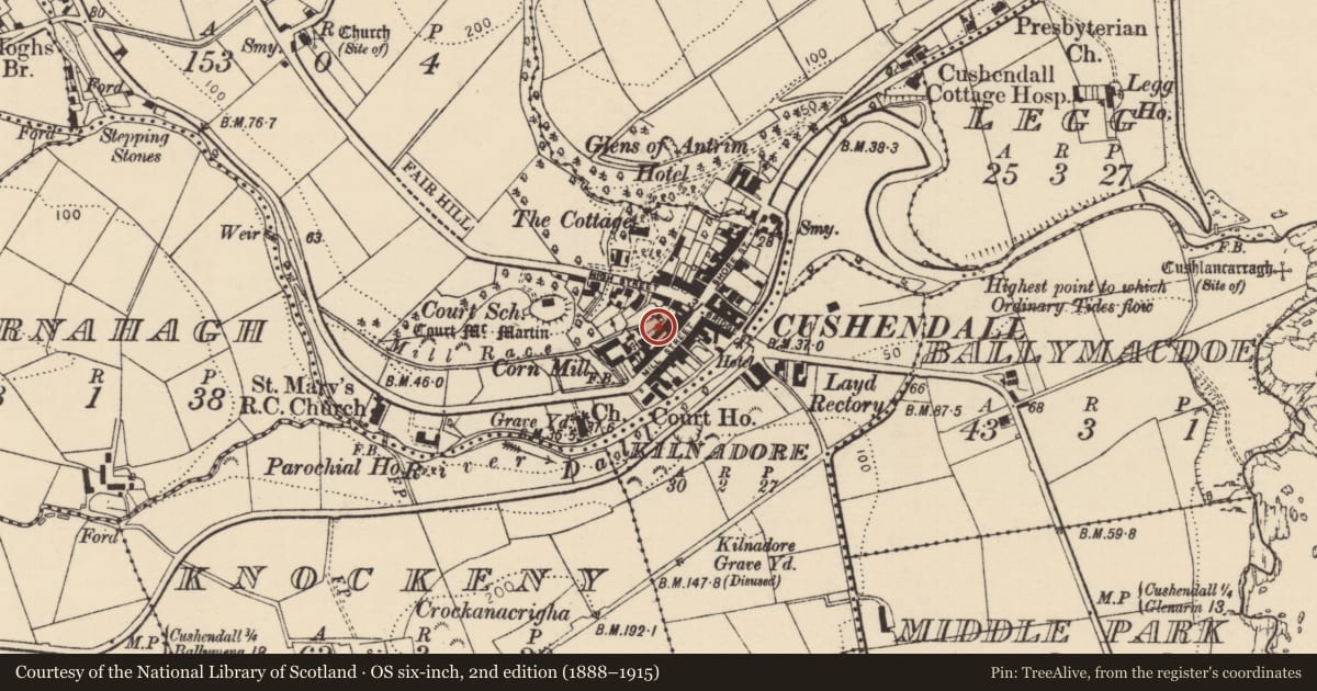 Ordnance Survey six-inch map, 2nd edition (1888–1915) covering the location of 17 Mill St., Cushendall, Causeway Coast and Glens, with a pin at the register's coordinates