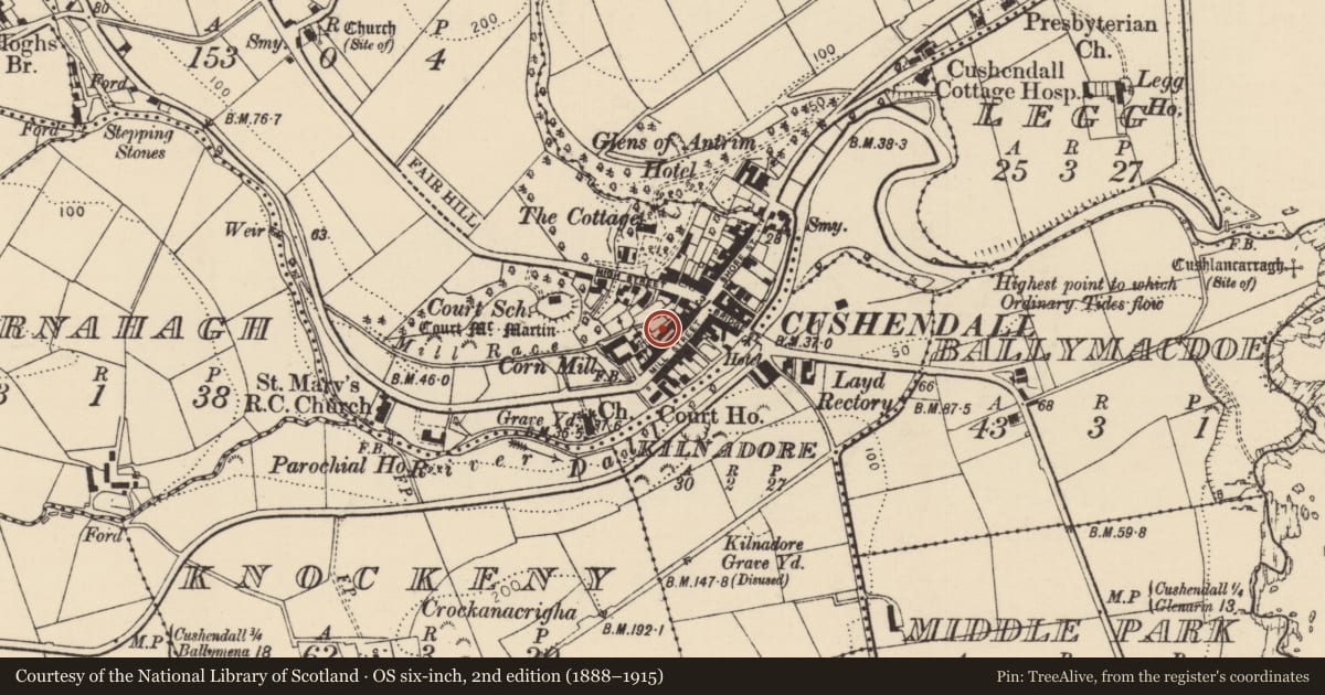 Ordnance Survey six-inch map, 2nd edition (1888–1915) covering the location of The Sweet Shop, Cushendall, Causeway Coast and Glens, with a pin at the register's coordinates