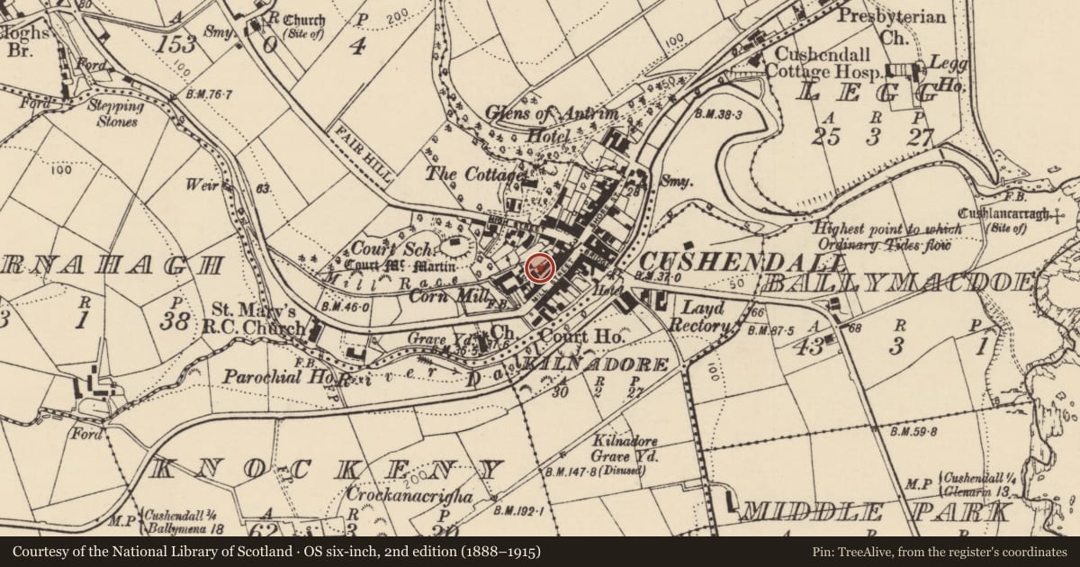 Ordnance Survey six-inch map, 2nd edition (1888–1915) covering the location of 21 Mill Street, Causeway Coast and Glens, with a pin at the register's coordinates