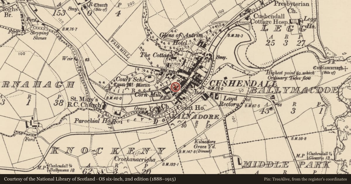 Ordnance Survey six-inch map, 2nd edition (1888–1915) covering the location of 23 Mill Street, Causeway Coast and Glens, with a pin at the register's coordinates
