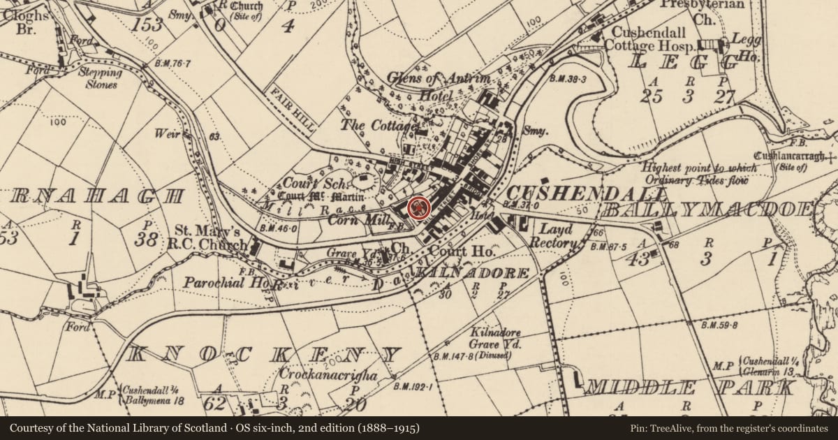 Ordnance Survey six-inch map, 2nd edition (1888–1915) covering the location of St. Mary'S Club, Cushendall, Causeway Coast and Glens, with a pin at the register's coordinates