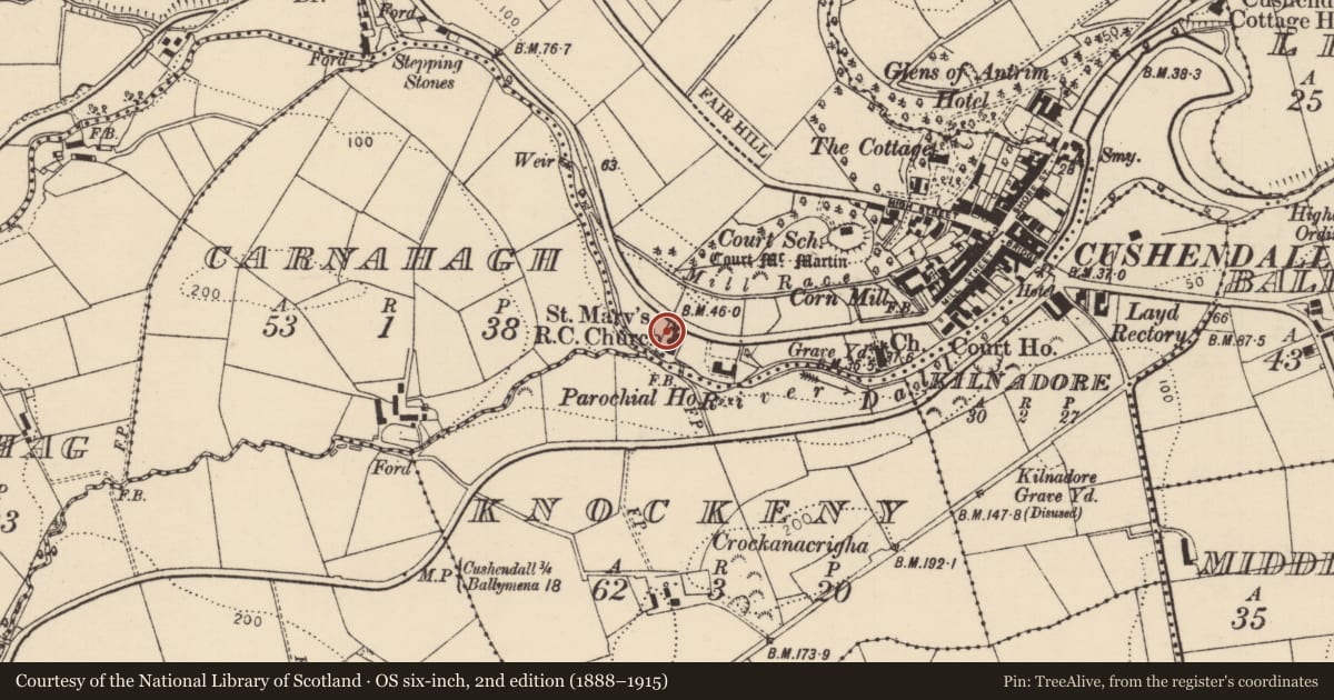 Ordnance Survey six-inch map, 2nd edition (1888–1915) covering the location of St. Mary'S R C CHURCH, GATES, Railings And Walling, Cushendall, Causeway Coast and Glens, with a pin at the register's coordinates