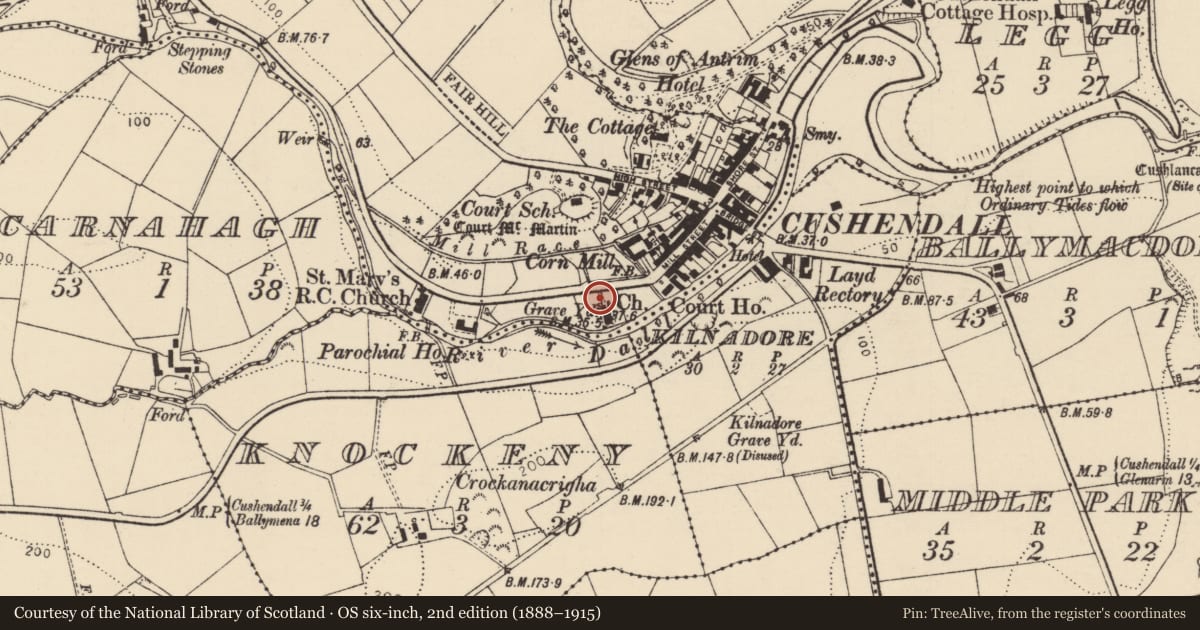 Ordnance Survey six-inch map, 2nd edition (1888–1915) covering the location of Layde Parish Church, Gates And Walling, Cushendall, Causeway Coast and Glens, with a pin at the register's coordinates