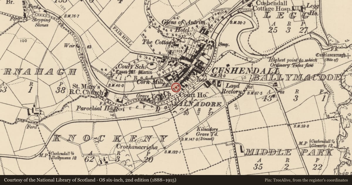 Ordnance Survey six-inch map, 2nd edition (1888–1915) covering the location of Former Cushendall Courthouse, Causeway Coast and Glens, with a pin at the register's coordinates