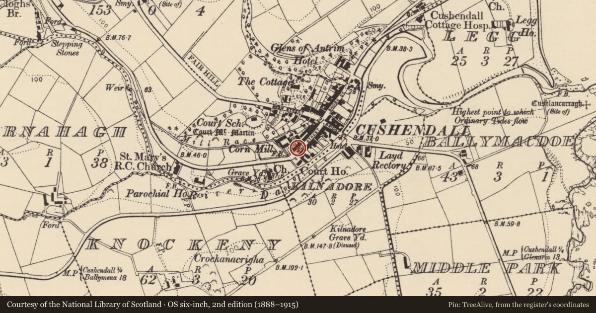 Ordnance Survey six-inch map, 2nd edition (1888–1915) covering the location of 24 Mill Street, Causeway Coast and Glens, with a pin at the register's coordinates