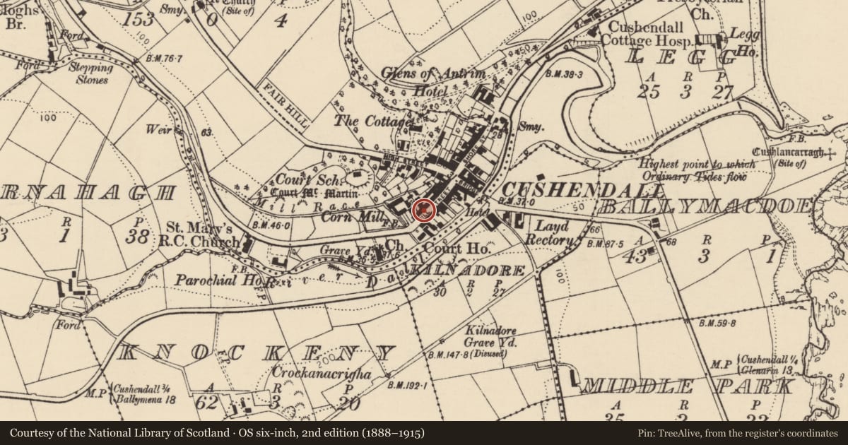 Ordnance Survey six-inch map, 2nd edition (1888–1915) covering the location of 20B Mill St., Causeway Coast and Glens, with a pin at the register's coordinates