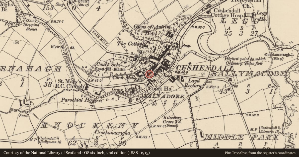 Ordnance Survey six-inch map, 2nd edition (1888–1915) covering the location of 20C Mill St., Causeway Coast and Glens, with a pin at the register's coordinates