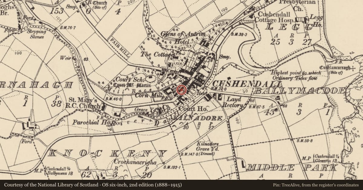 Ordnance Survey six-inch map, 2nd edition (1888–1915) covering the location of 18 Mill Street, Cushendall, Causeway Coast and Glens, with a pin at the register's coordinates
